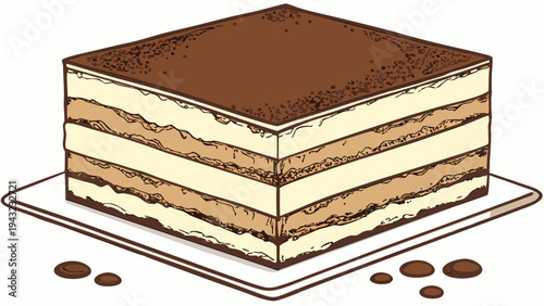 Vector illustration of delicious tiramisu dessert slice, classic italian layered cake, hand-drawn style