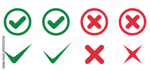Check mark and cross icon set, vector green tick and red X symbol collection for web and app UI validation, approval and rejection signs in green and red circles vector