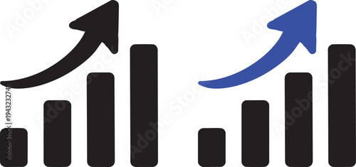 Business Growth Bar Graph Icon: Dynamic bar graphs with upward arrows symbolize progress, achievement, and growth. These icons are ideal for illustrating success and improvement in a business context.