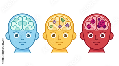 Concept of brain health, illness, and recovery depicted through three distinct human head illustrations showing different brain states