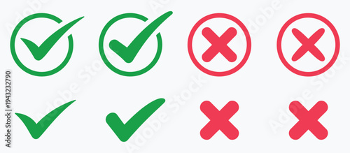 Green tick and red cross icon collection, check mark and cross mark symbols in colored circles for confirmation and cancel actions, web interface and mobile app validation design