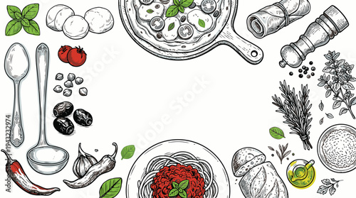Classic hand drawn Italian cuisine ingredients and dishes arranged on a white background with copy space