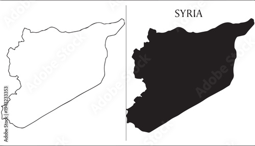 Map of Syria outline and solid silhouette with country name text in capital letters shown clearly featuring Middle East, geographical shape, national