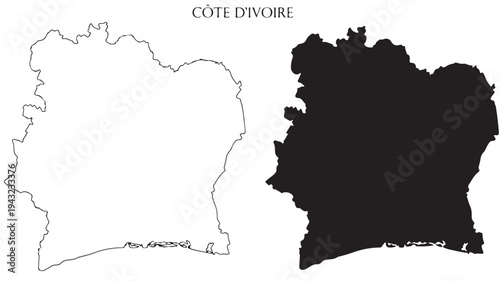 Côte d'Ivoire map outlines, with a white silhouette and black filled silhouette presented side-by-side.