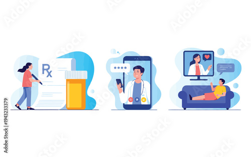 Medical staff prepares a prescription while patients comfortably engage in virtual doctor visits