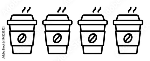 Four steaming coffee cups with bean line