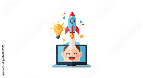 Excited Person Launches Rocket From Laptop With Lightbulb Idea