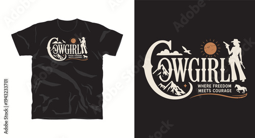 Cowgirl t-shirt design with cowboy hat mountains and horse silhouette
