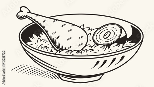 Vector illustration of bowl of rice with chicken leg and onion slice