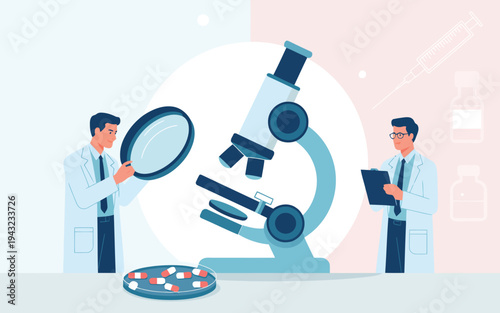 Two male scientists in lab coats conduct medical research using a microscope and examining pills