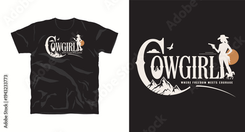 Cowgirl t-shirt design with cowboy hat mountains and horse silhouette