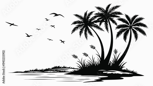 Vector illustration of tropical island silhouette with palm trees and flying birds, vector art