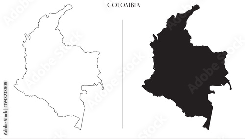 Colombia map silhouette in black and white outline vector illustration, political geography concept featuring South America, geographic, border with