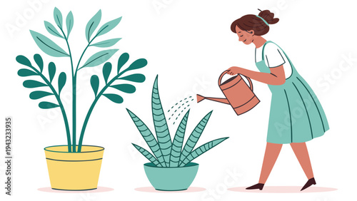 Vector illustration of woman watering plants in pots, flat illustration style
