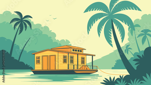 Vector illustration of houseboat on tranquil water surrounded by tropical foliage, illustration