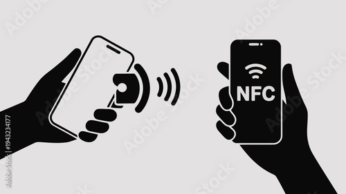Two hands hold smartphones demonstrating Near Field Communication technology for fast secure payment transfer