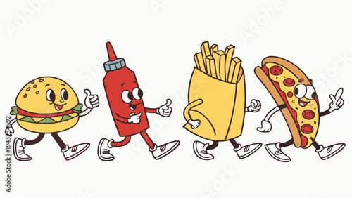 Vector illustration of vintage cartoon characters of burger, ketchup, fries, and pizza walking happily