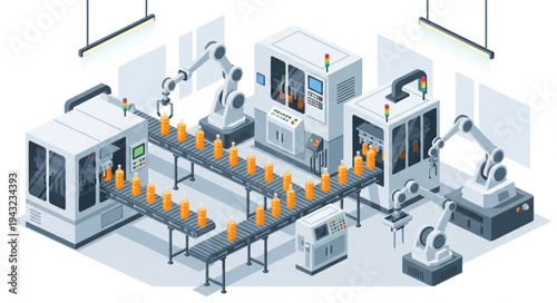 Industrial Robots on Assembly Line Production.
