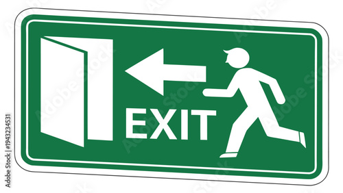 Vector illustration of green exit sign with running man pictogram and arrow, safety evacuation symbol