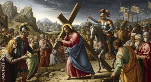 Jesus Christ carrying the cross, symbolizing sacrifice, faith, and redemption in a powerful biblical scene.