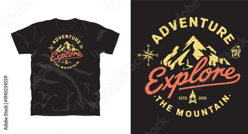 Adventure explore the mountain vintage emblem with compass and campfire