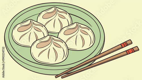 Vector illustration of four delicious baozi dumplings on a plate with chopsticks, asian food illustration