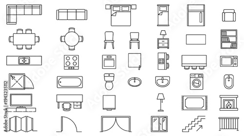 Architectural Interior Layout Symbols Vector – Furniture Floor Plan Icons for Room Planning and Residential Design Blueprint