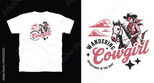 Wandering cowgirl adventures in dust horse rider illustration with pistol