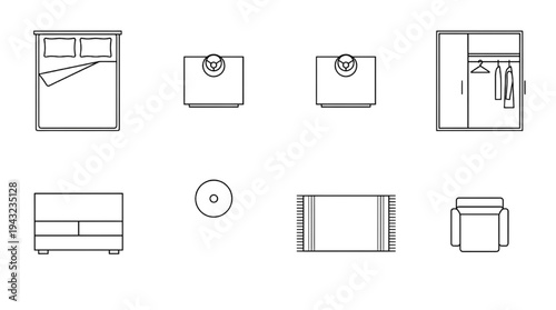 Bedroom Furniture Floor Plan Icons Vector – Bed, Wardrobe, Nightstand and Rug Top View Symbols for Interior Architectural Layout