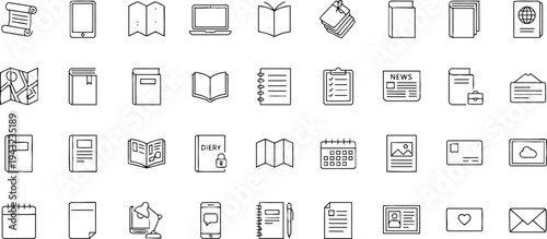 A comprehensive collection of essential business communication and office document line icons