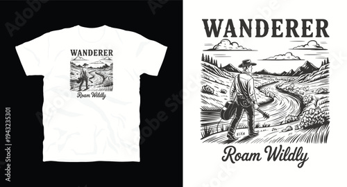 Wanderer roam wildly nature landscape t-shirt design with musician walking by river