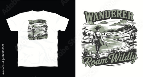 Wanderer roam wildly vintage colored t-shirt design with traveler and scenic river view