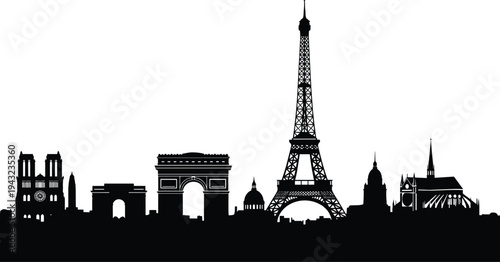 Paris skyline silhouette with Eiffel Tower, Arc de Triomphe and Notre Dame cathedral, famous France landmarks cityscape vector illustration isolated