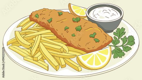 Vector illustration of traditional fish and chips meal with lemon and sauce