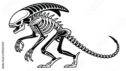 Vector illustration of alien skeleton creature, outline illustration, science fiction