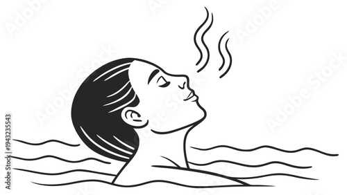 Vector illustration of woman enjoying relaxation in water with steam rising from head