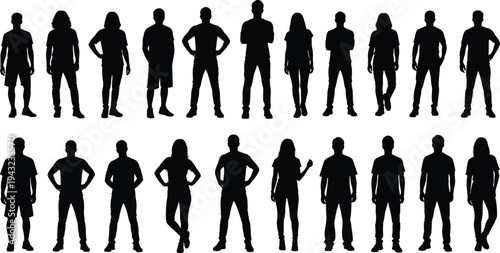 People standing silhouette collection set, men and women casual standing poses isolated on white background, human figure vector illustration