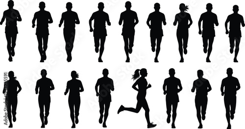 Running people silhouette collection set, men and women jogger athletes in different running poses, fitness sport activity vector illustration isolated