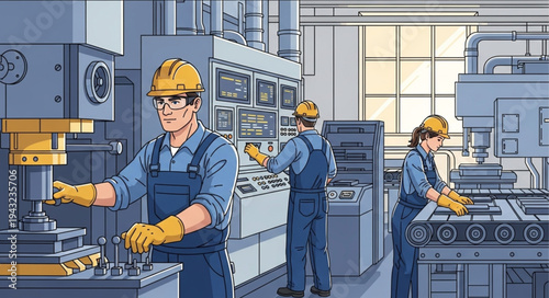 Industrial Workers Operating Machinery Equipment.