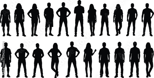 Set of diverse people silhouettes standing in different poses, men and women black shadow figures collection, isolated crowd characters vector illustration pack