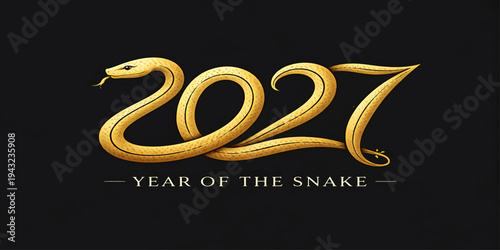 Golden 2027 Year of the Snake typography on black background