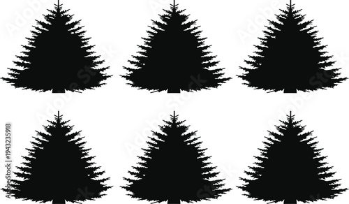 Collection of six black pine tree silhouettes