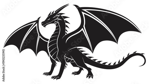 Vector illustration of black silhouette of a dragon with spread wings, powerful mythical creature