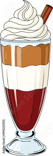Strawberry milkshake dessert drink with whipped cream topping and wafer stick, layered sweet cafe beverage in tall glass vector illustration