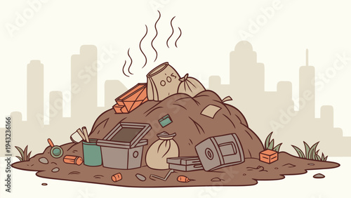 Vector illustration of pile of trash and garbage in city, environmental pollution concept