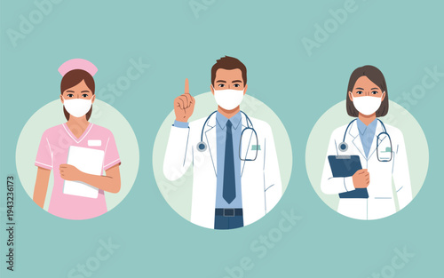 Professional healthcare workers wearing face masks, including a nurse and two physicians offering advice