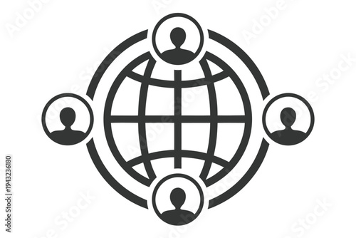 Global user experience icon showing a world map globe surrounded by diverse user avatars in a clean black and white design