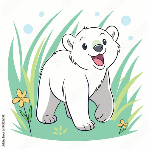 Vector illustration of cute polar bear cub in grass, cartoon illustration