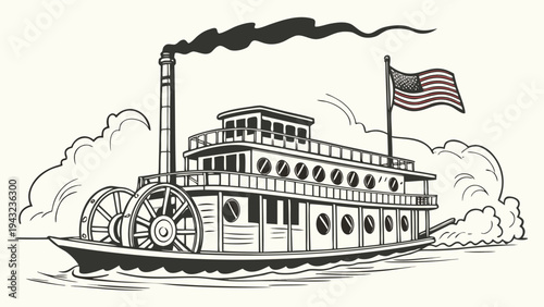 Vector illustration of american paddlewheel steamboat, vintage illustration
