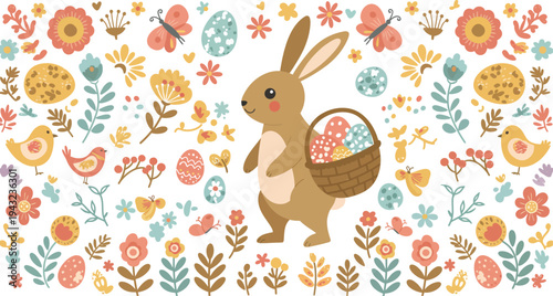Easter bunny with basket standing in garden of flowers and eggs on white background